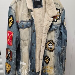 Reason Men's Blue and Tan Denim Jacket with Patches